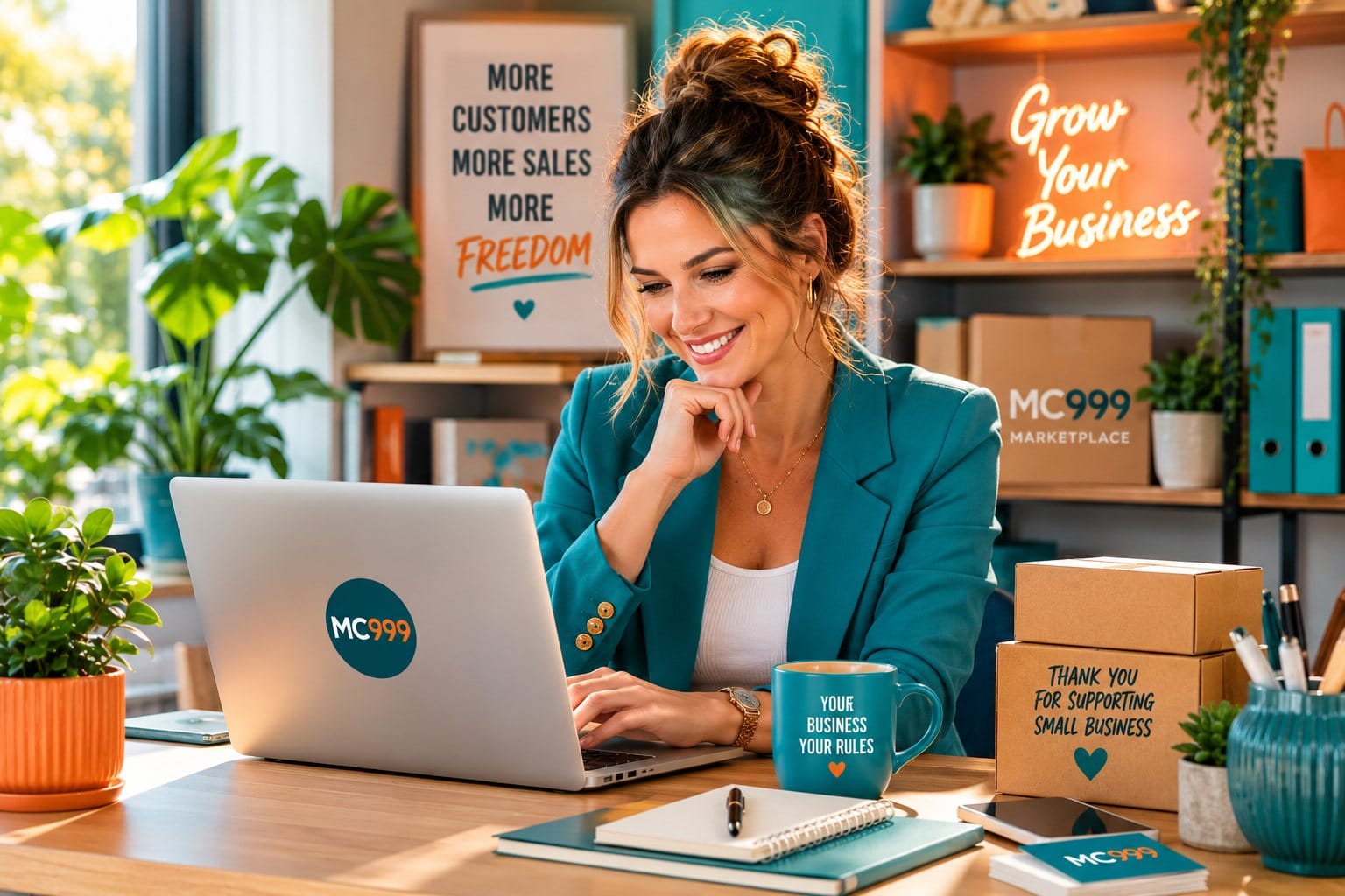 Independent UK seller smiling at her laptop with MC999 boxes